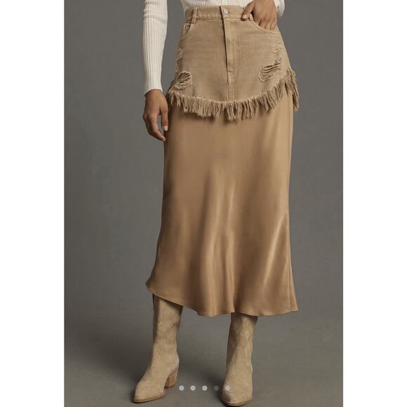 Anthropologie Dresses & Skirts - Pilcro Anthropologie Fringe Denim Overlay Satin Midi Skirt Boho Western Sz 8